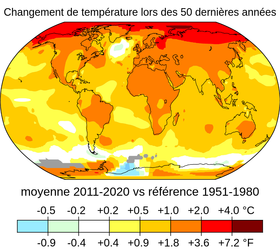 réchauffement climatique: Carte mondiale des changements de température de 2011 à 2020 par rapport à la période de référence 1951-1980, illustrant un réchauffement global.