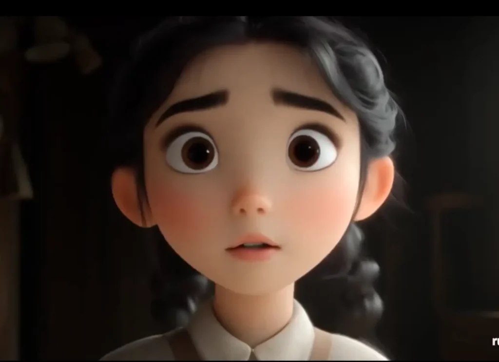 Act-One de Runway, Jeune fille créé la société d'intelligence artificielle Runway avec des tresses, regardant avec une expression de surprise, grands yeux bruns et sourcils relevés."