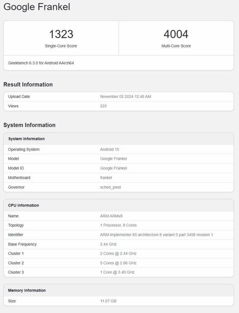 Google Tensor G5, capture d'écran des résultats Geekbench pour un appareil Google Frankel avec scores single-core de 1323 et multi-core de 4004.