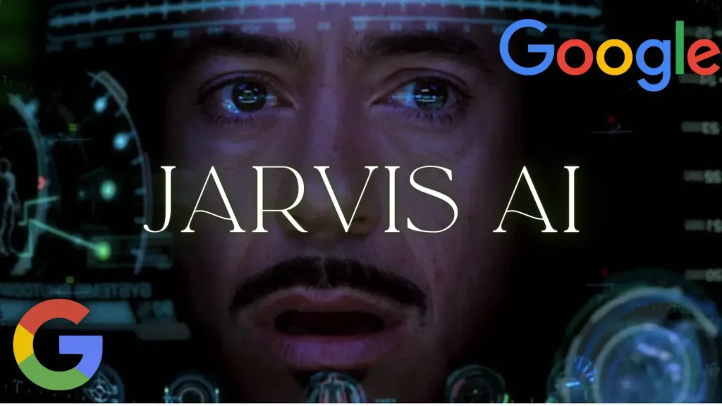 Jarvis, Visage d'un homme devant une interface holographique futuriste, avec le texte "JARVIS AI" et des logos de Google, représentant une technologie d'assistant virtuel.