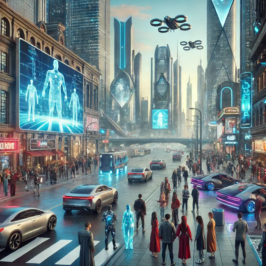 Sora: Ville futuriste animée avec des gratte-ciels illuminés, des véhicules autonomes, des drones volants et des hologrammes interactifs.