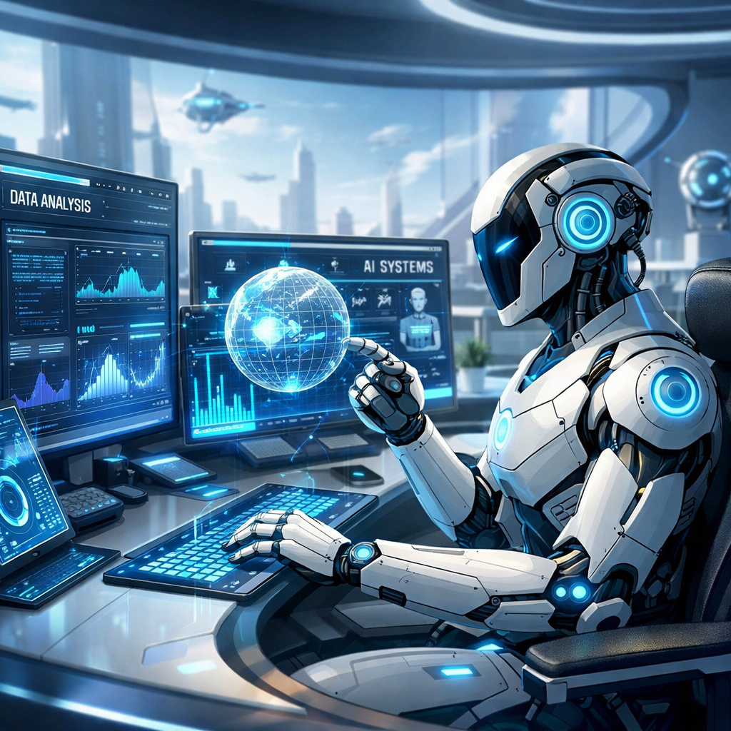 Robot analysant des données futuristes.